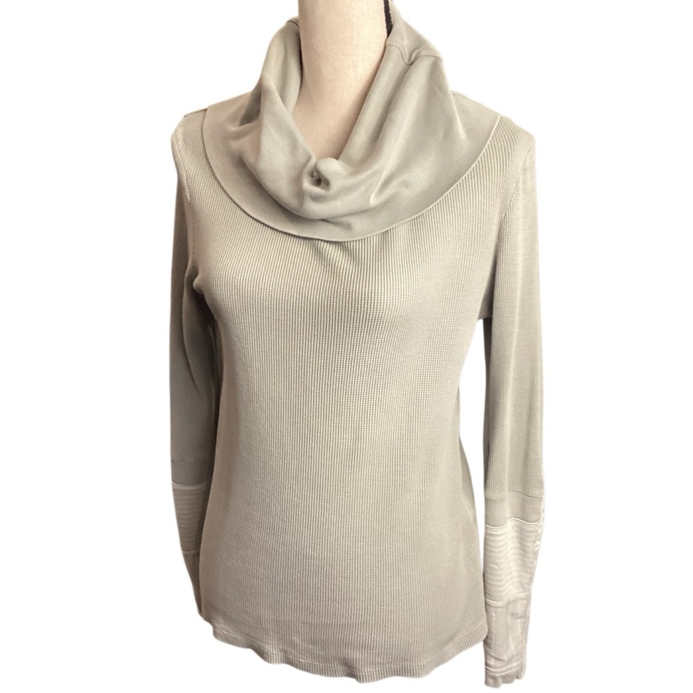 Sundance‎ Thermal Knit Cowl Neck Embroidered Sleeve Top Gray Taupe Medium